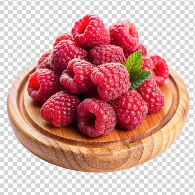 PSD fruits de framboise dans une plaque de bois isolée sur un fond transparent