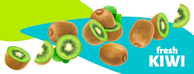 PSD fruits kiwis frais avec des feuilles isolées