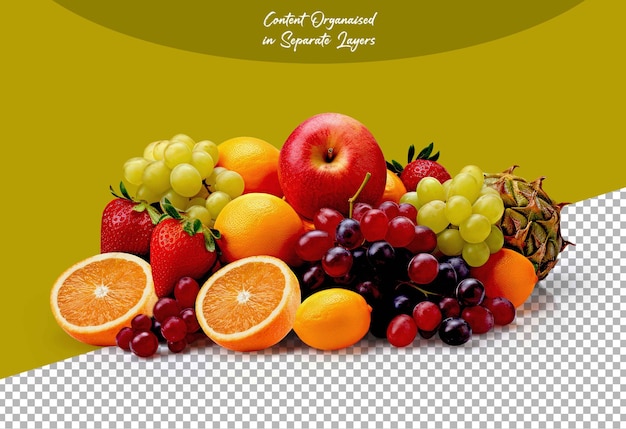 Fruits mixtes décorés isolés sur un fond transparent