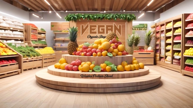 Fruits podium-bühne in einem supershop für branding und bio-lebensmittel-marken-produkte präsentiert.