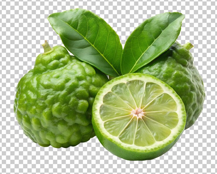 PSD fruta de bergamota con hojas verdes cerca