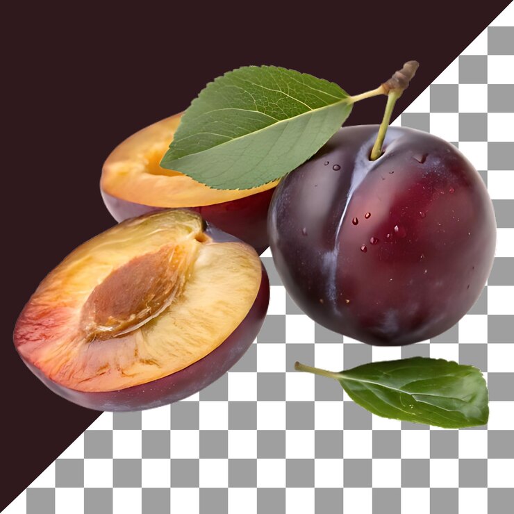 PSD fruta de cereza y rodaja de ciruela con hojas verdes de fondo transparente