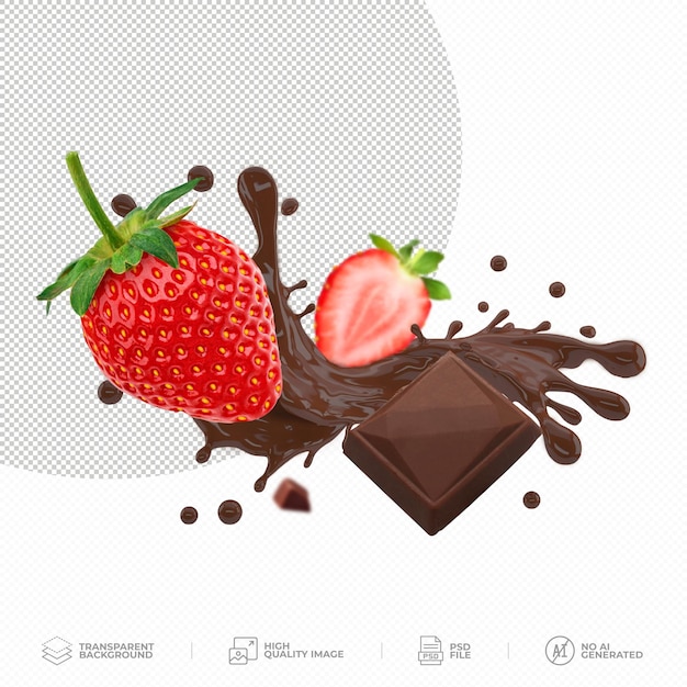 Fruta de fresa salpicada de líquido de chocolate sobre un fondo transparente PSD