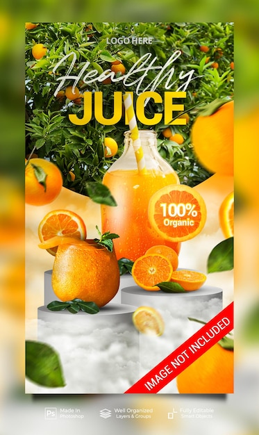 Fruta fresca bebida saludable jugo de naranja menú especial restaurante plantilla de banner de historias de redes sociales