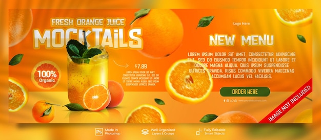 Fruta fresca jugo de naranja bebida de verano saludable promoción publicación en redes sociales plantilla de banner de portada de facebook