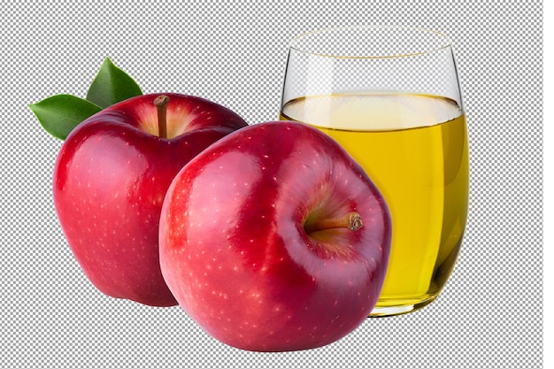 Fruta fresca de manzana roja y un vaso de jugo de manzana aislaron un fondo transparente