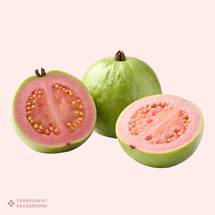 PSD fruta de guayaba rosa fresca con jugosas carnes rosadas fruta tropical cortada abierta para una exhibición jugosas