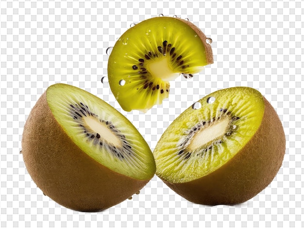 Una fruta de kiwi cortada con un fondo blanco y negro