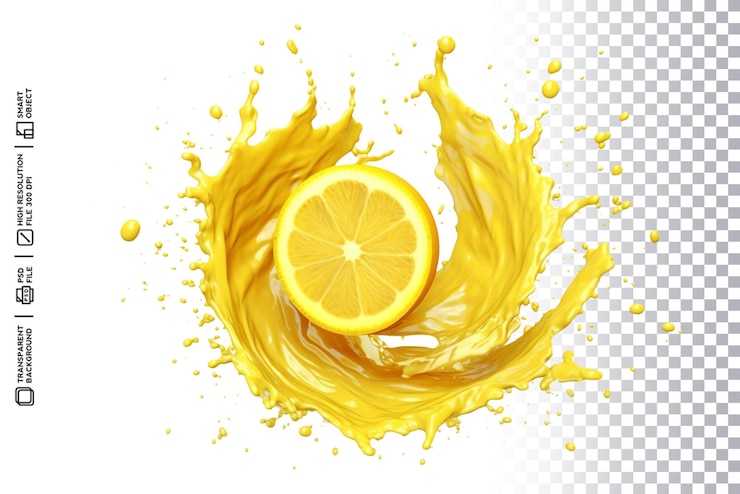 Fruta de limón amarillo vibrante con ilustración de salpicaduras sin fondo