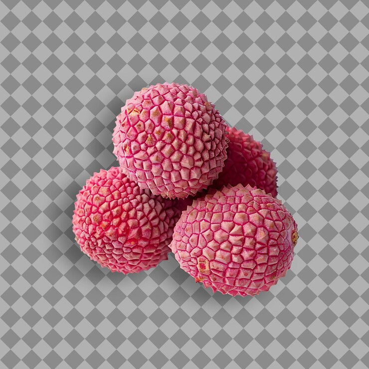 PSD fruta de lychee con forma pequeña y redonda y objeto aislado de color rosa o rojo en fondo limpio
