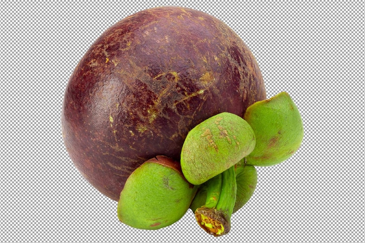 PSD fruta madura del mangostán aislada en un fondo transparente