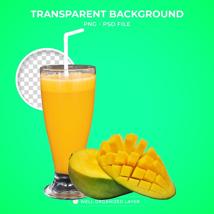 PSD fruta de mango 3d junto al jugo