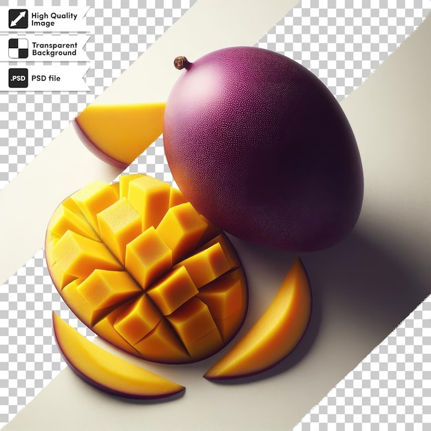 Fruta de mango PSD con rebanadas de fruta sobre un fondo transparente con capa de máscara editable