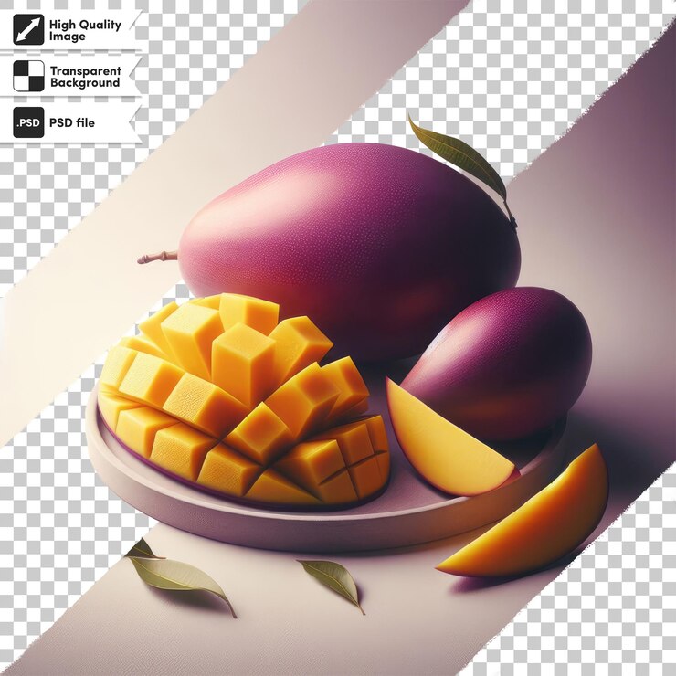 PSD fruta de mango psd con rebanadas de fruta sobre un fondo transparente con capa de máscara editable