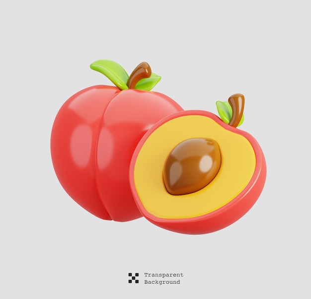 Fruta de melocotón fresca mitad con hojas aisladas Icono de frutas de dibujos animados Ilustración de renderización 3D
