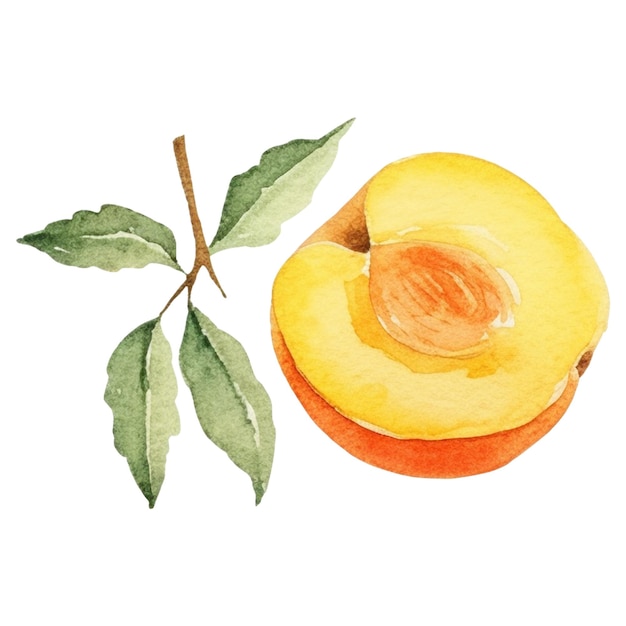 Fruta de melocotón pintada en acuarela, elemento de diseño de alimentos frescos dibujado a mano aislado sobre un fondo blanco
