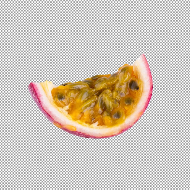 Fruta de la pasión entera y la mitad de la maracuya aislada en fondo alfa