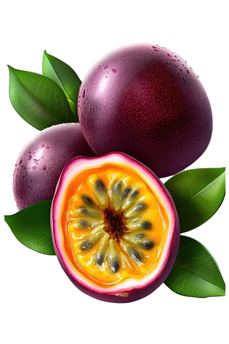 Fruta de la pasión madura y jugosa hiperrealista blanco aislado plano transparente fondo muy detallado