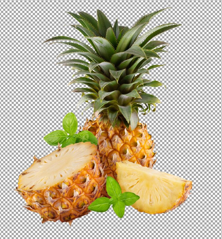 PSD fruta de piña y rodajas de piña con hojas de hierba de albahaca verde fresca aisladas en un fondo transparente