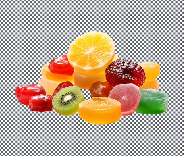 Frutas cristalizadas tão doces diversas isoladas em fundo transparente