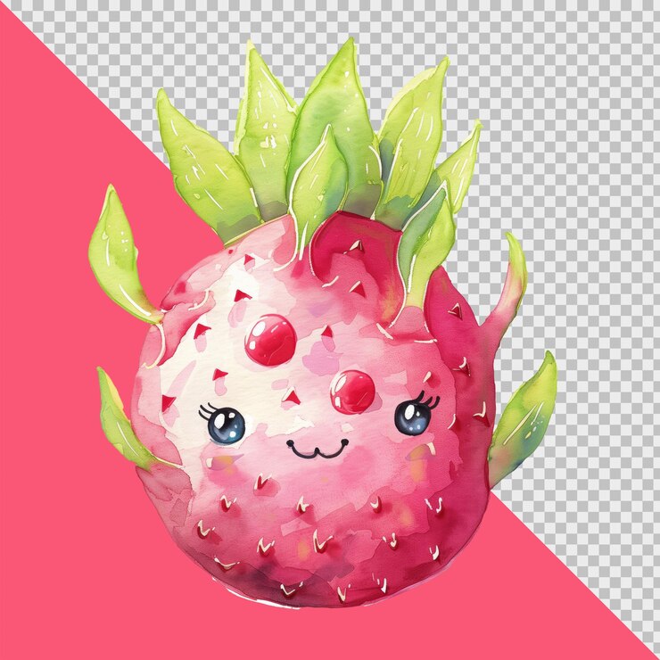 PSD frutas de dragón de dibujos animados con una cara feliz acuarela png clipart