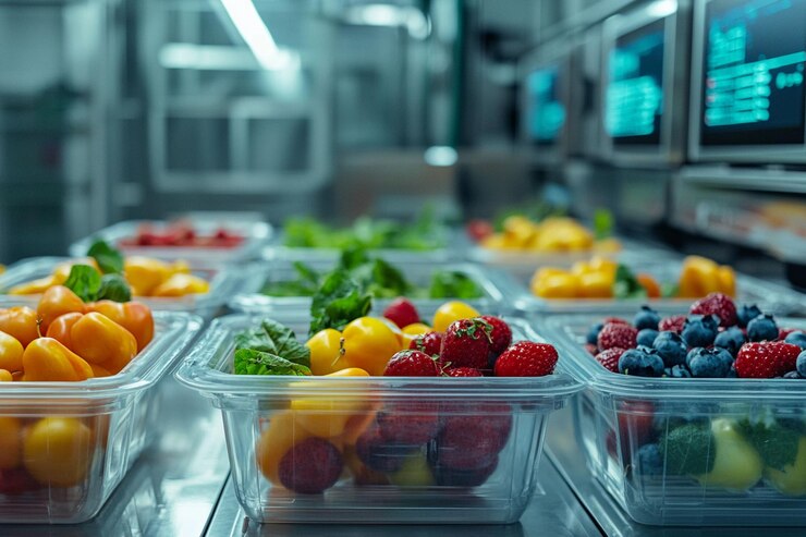 PSD frutas e legumes frescos em recipientes de plástico numa correia transportadora numa fábrica de processamento de alimentos