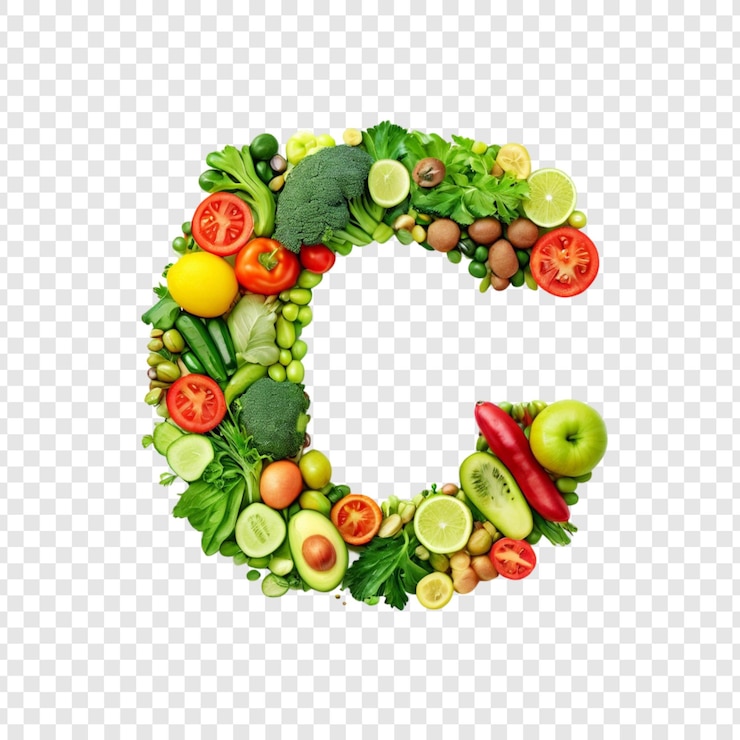 PSD frutas e legumes vibrantes letra c alfabeto de alimentação saudável