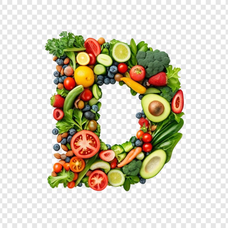 PSD frutas e legumes vibrantes letra d alfabeto de alimentação saudável