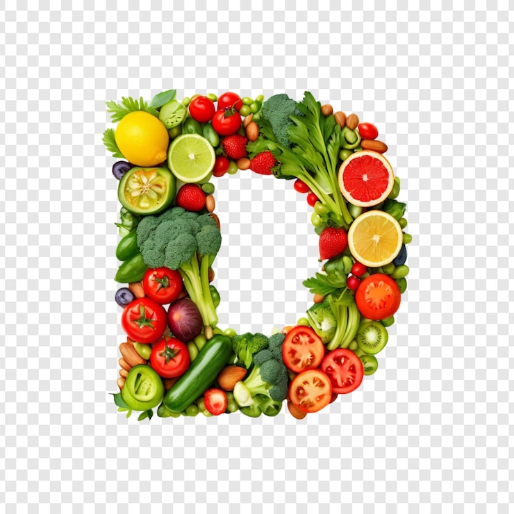 PSD frutas e legumes vibrantes letra d alfabeto de alimentação saudável