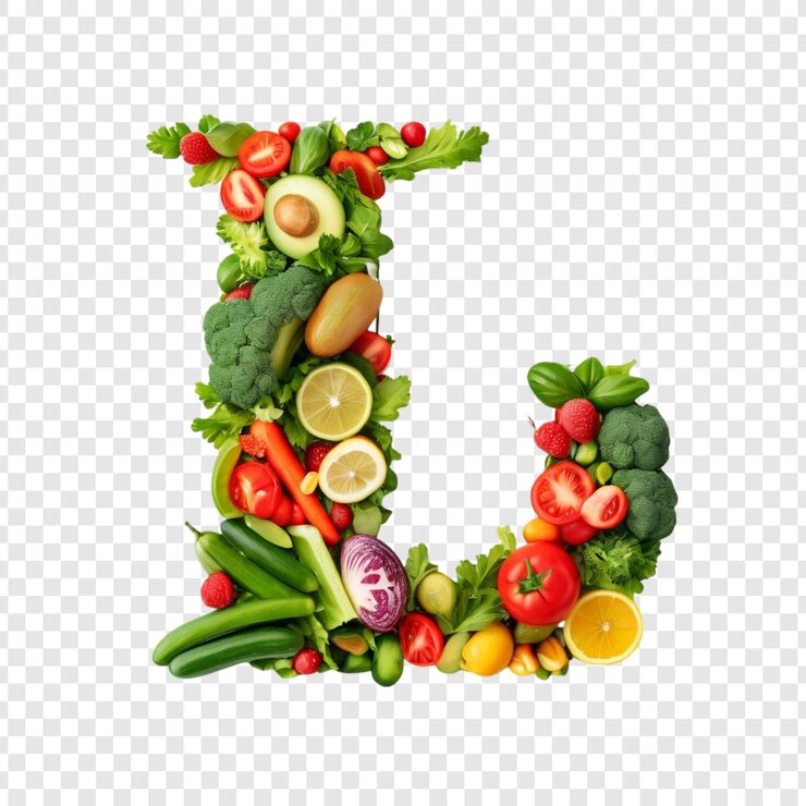 PSD frutas e legumes vibrantes letra l alfabeto de alimentação saudável
