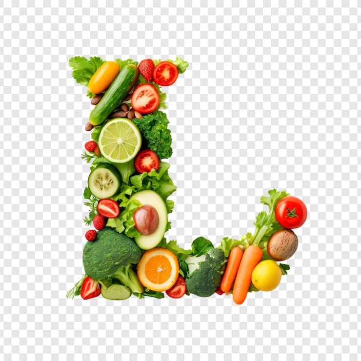 PSD frutas e legumes vibrantes letra l alfabeto de alimentação saudável