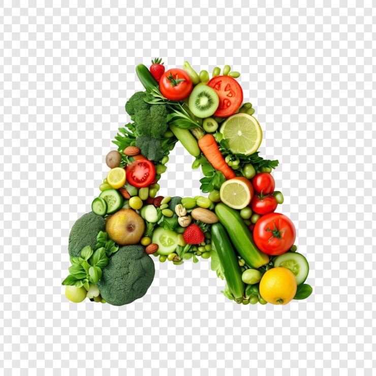 PSD frutas e vegetais saudáveis alfabeto letra a colagem