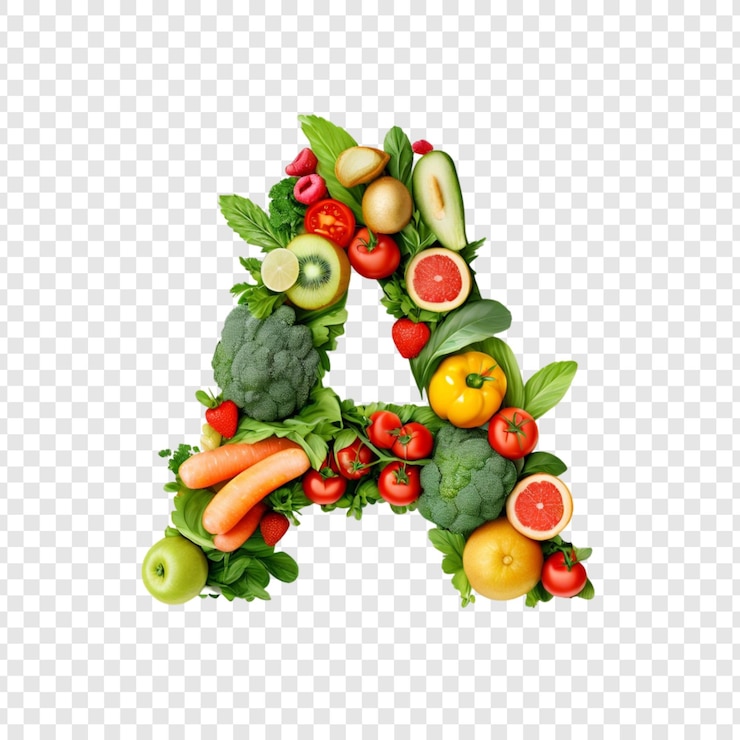 PSD frutas e vegetais saudáveis alfabeto letra a colagem