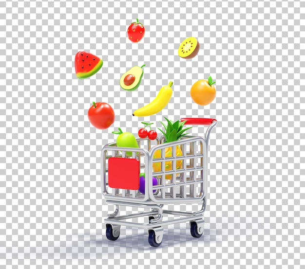 Frutas flotando fuera del carrito de compras Ilustración 3D de estilo dibujos animados