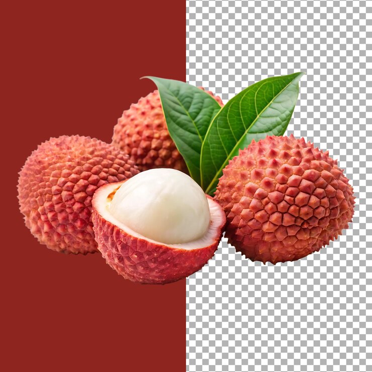 Frutas frescas de lichi con hojas verdes