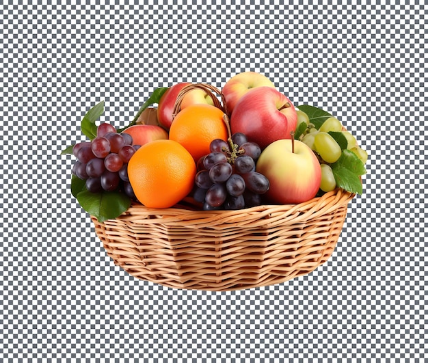 Frutas frescas mezcladas en cesta aisladas sobre un fondo transparente