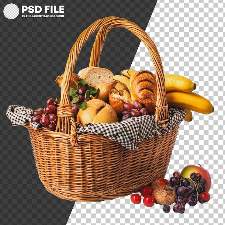 PSD frutas frescas y productos horneados en una canasta tejida de papua nueva guinea