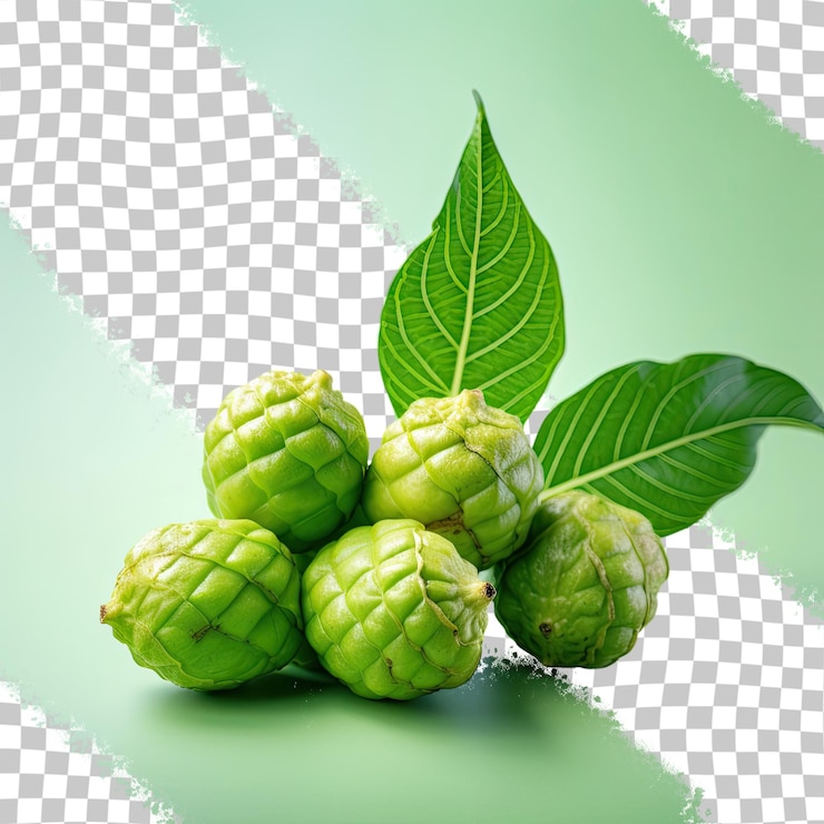 PSD frutas y hojas frescas de noni sobre un fondo transparente