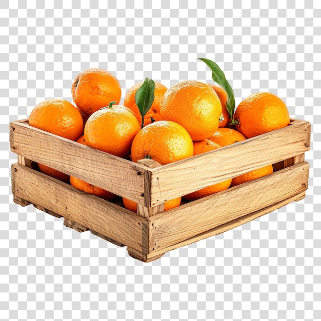 Frutas de naranja en caja de madera aisladas sobre un fondo transparente png