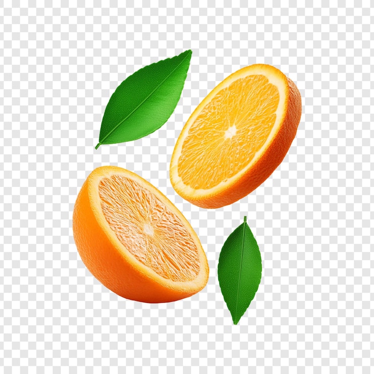 PSD frutas de naranja cortadas con hojas verdes aisladas sobre un fondo transparente