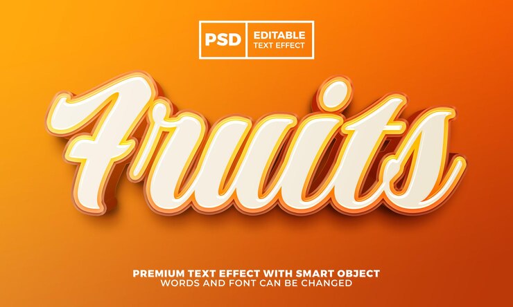 PSD frutas naranjas brillantes plantilla de logotipo estilo de efecto de texto editable 3d