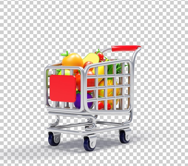 Frutas no carrinho de compras Ilustração 3D em estilo desenho animado