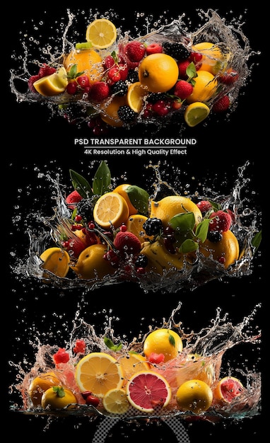 Frutas que caen en salpicaduras de agua aisladas en un fondo transparente