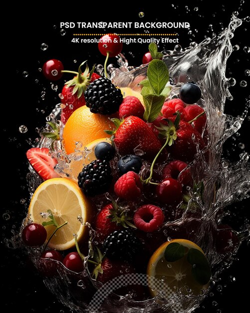 PSD frutas que caen en salpicaduras de agua aisladas en un fondo transparente.