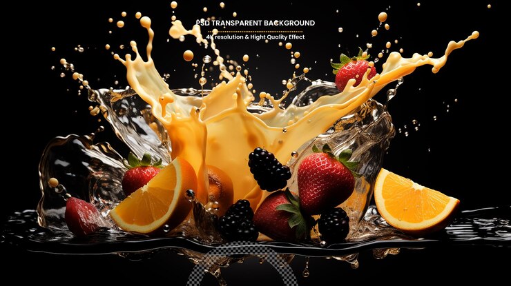 PSD frutas que caen en salpicaduras de agua aisladas en un fondo transparente