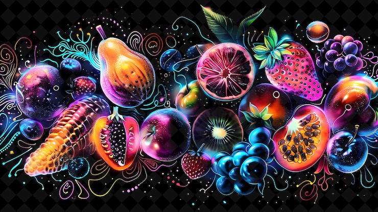 PSD frutas transparentes brillantes que explotan y estallan varios fr neon color alimentos bebidas colección y2k