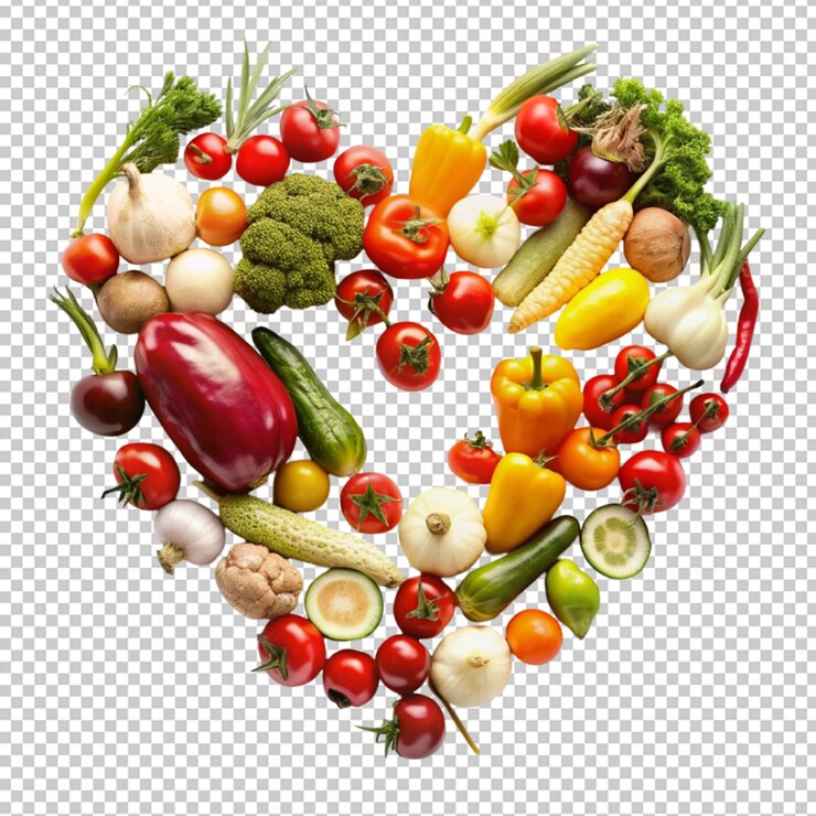 PSD frutas y verduras en forma de corazón sobre un fondo transparente