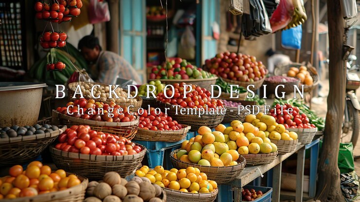 PSD frutas y verduras vibrantes en un mercado asiático