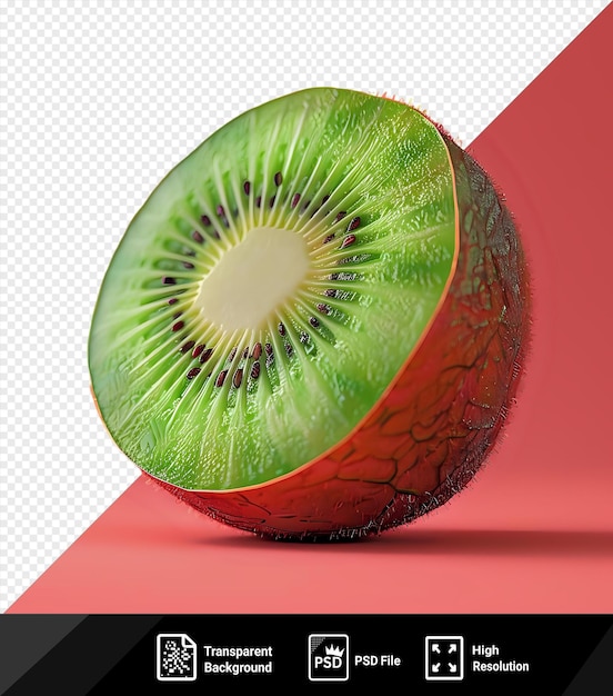 PSD fruto de kiwi transparente em fundo vermelho com uma sombra escura em primeiro plano