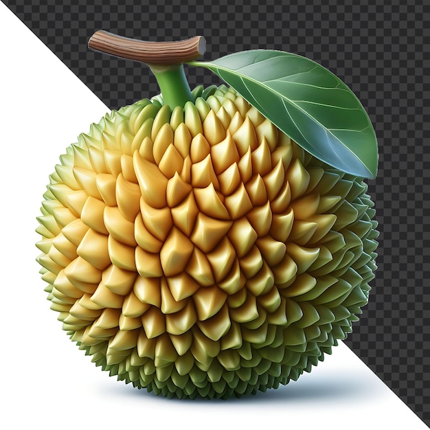 Fruto de durian con hojas verdes aisladas sobre un fondo transparente